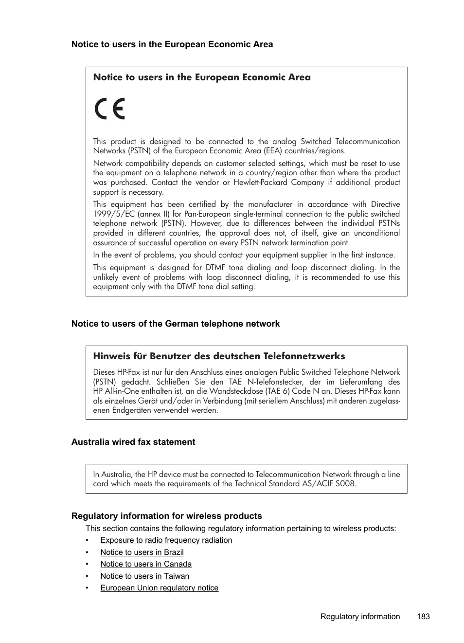 Notice to users in the european economic area, Notice to users of the german telephone network, Australia wired fax statement | Regulatory information for wireless products | HP Officejet 6500A Plus User Manual | Page 187 / 250