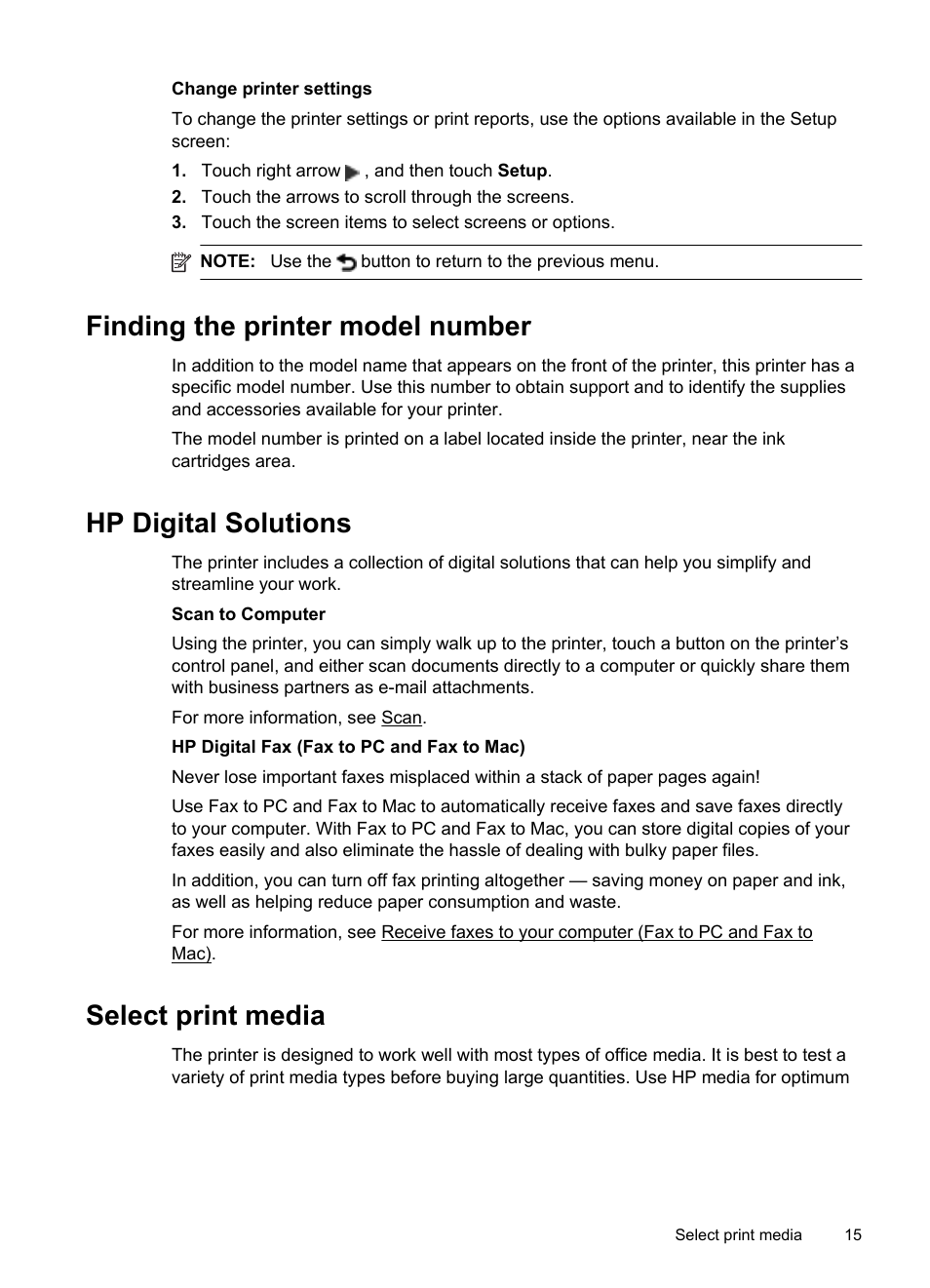 Change printer settings, Finding the printer model number, Hp digital solutions | Select print media | HP Officejet 6500A Plus User Manual | Page 19 / 250