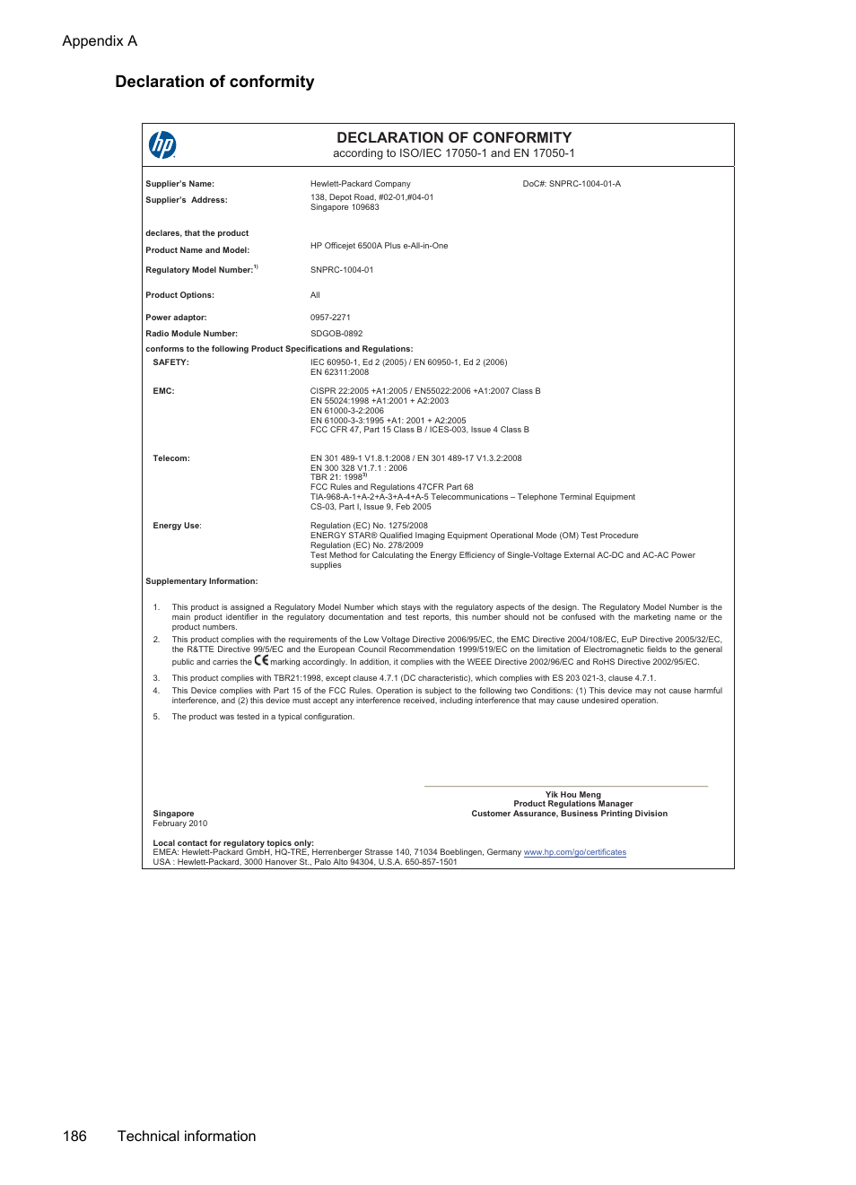 Declaration of conformity, Appendix a 186 technical information | HP Officejet 6500A Plus User Manual | Page 190 / 250
