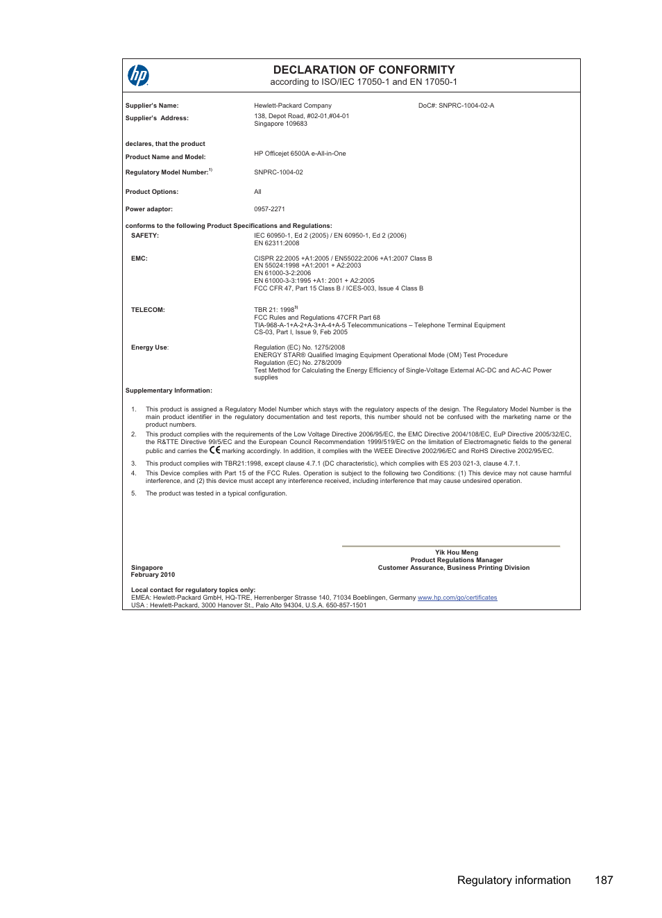 Declaration of conformity, Regulatory information 187 | HP Officejet 6500A Plus User Manual | Page 191 / 250