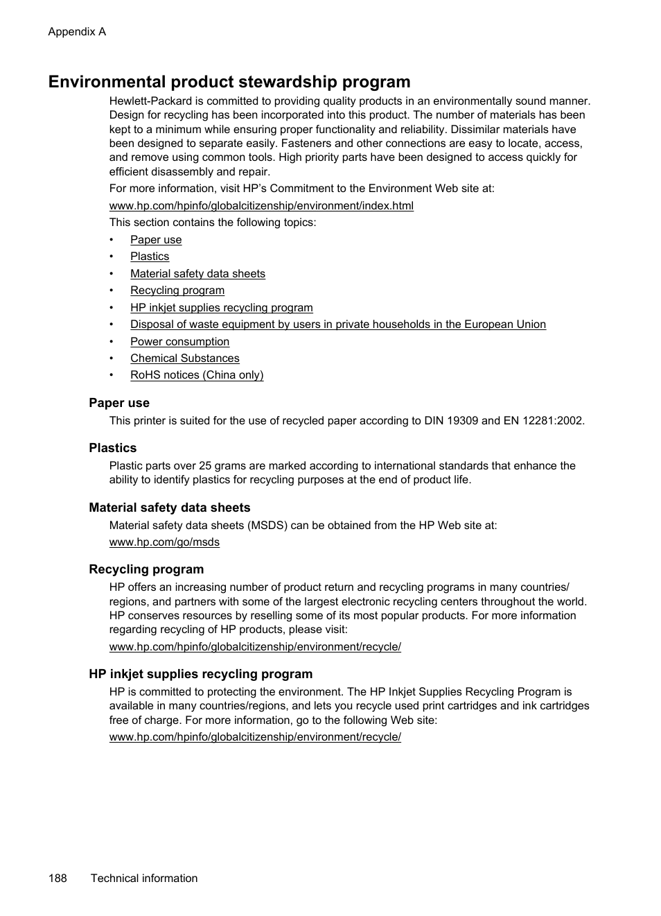 Environmental product stewardship program, Paper use, Plastics | Material safety data sheets, Recycling program, Hp inkjet supplies recycling program | HP Officejet 6500A Plus User Manual | Page 192 / 250