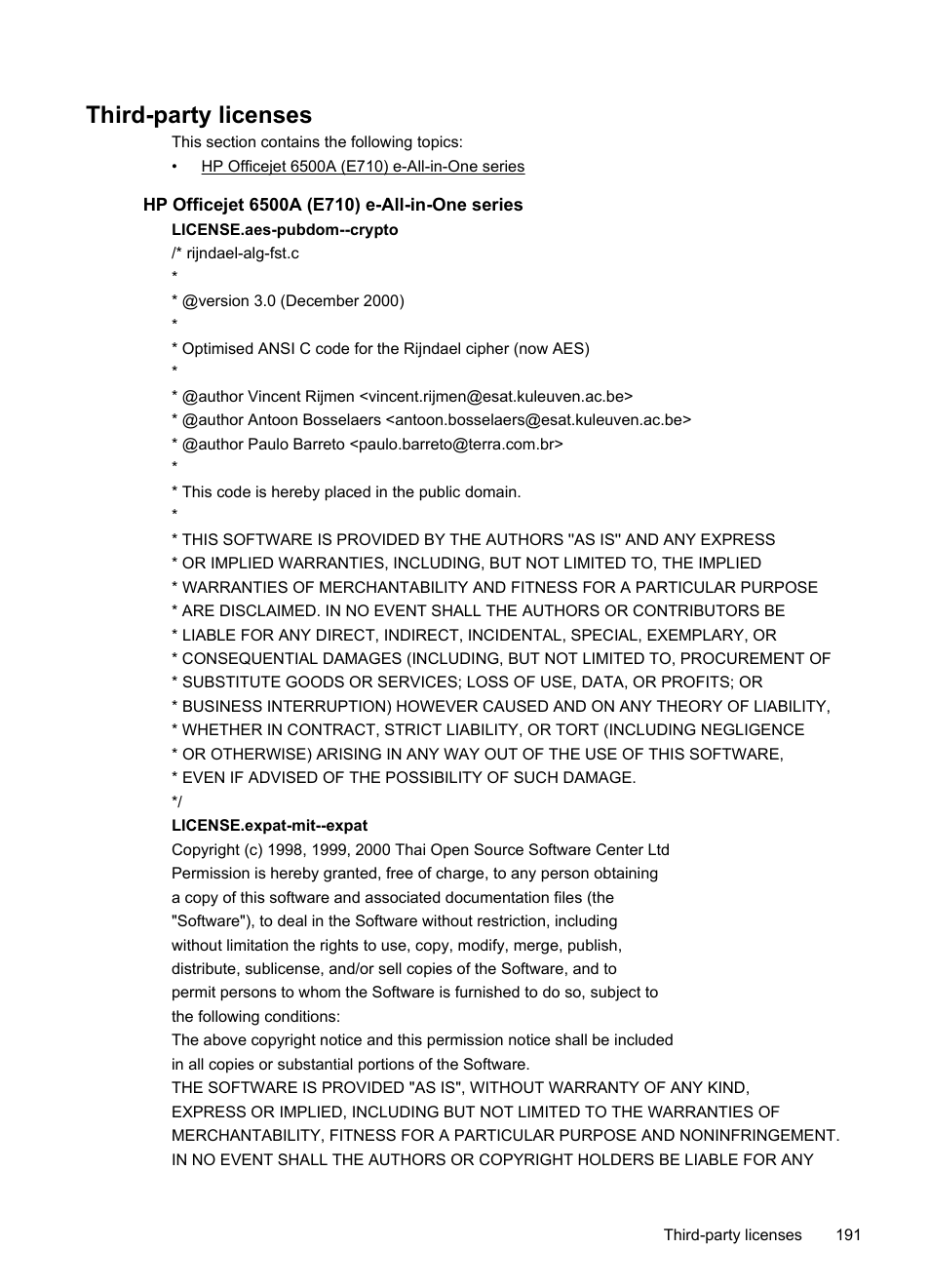 Third-party licenses, Hp officejet 6500a (e710) e-all-in-one series | HP Officejet 6500A Plus User Manual | Page 195 / 250