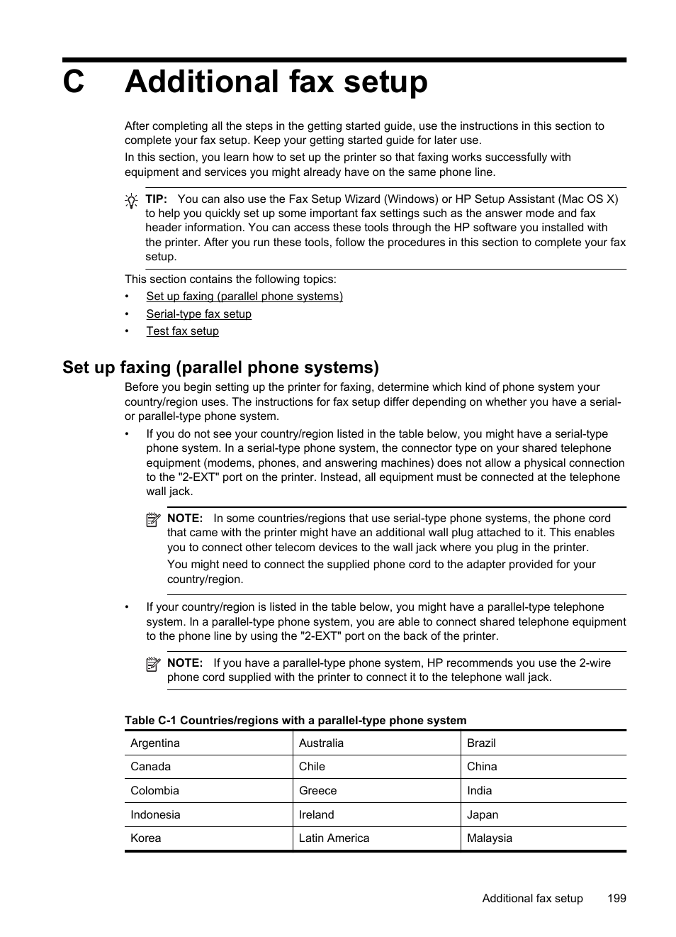 Additional fax setup, Set up faxing (parallel phone systems), C additional fax setup | Case h: shared voice/fax line with computer modem, Cadditional fax setup | HP Officejet 6500A Plus User Manual | Page 203 / 250