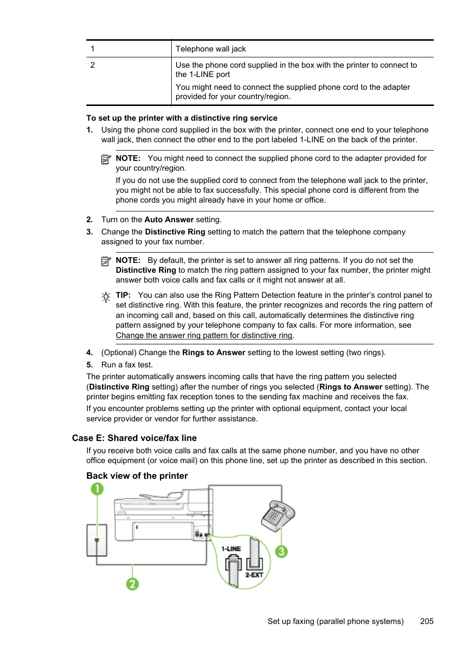 Case e: shared voice/fax line | HP Officejet 6500A Plus User Manual | Page 209 / 250