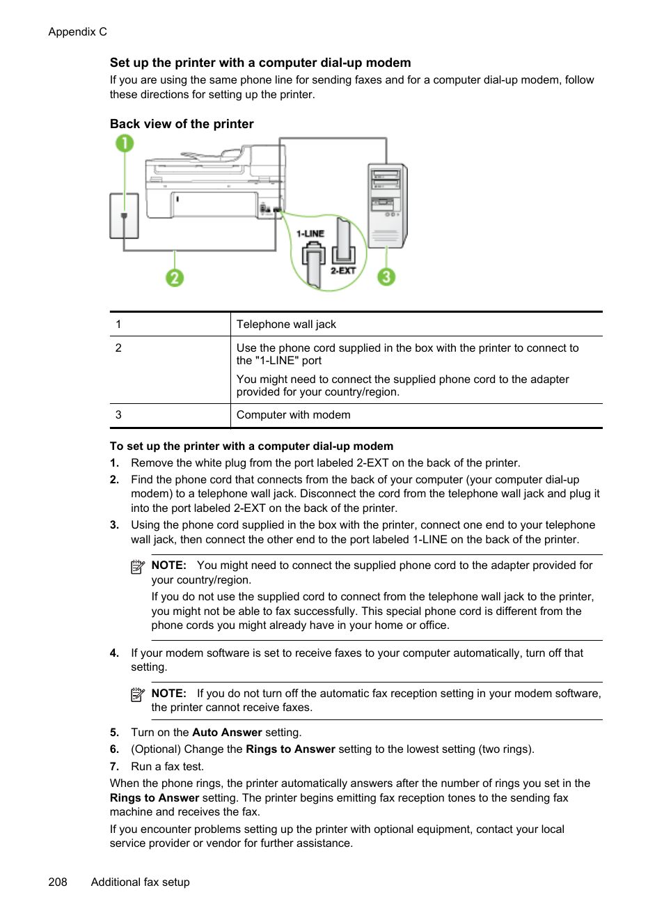 Set up the printer with a computer dial-up modem | HP Officejet 6500A Plus User Manual | Page 212 / 250