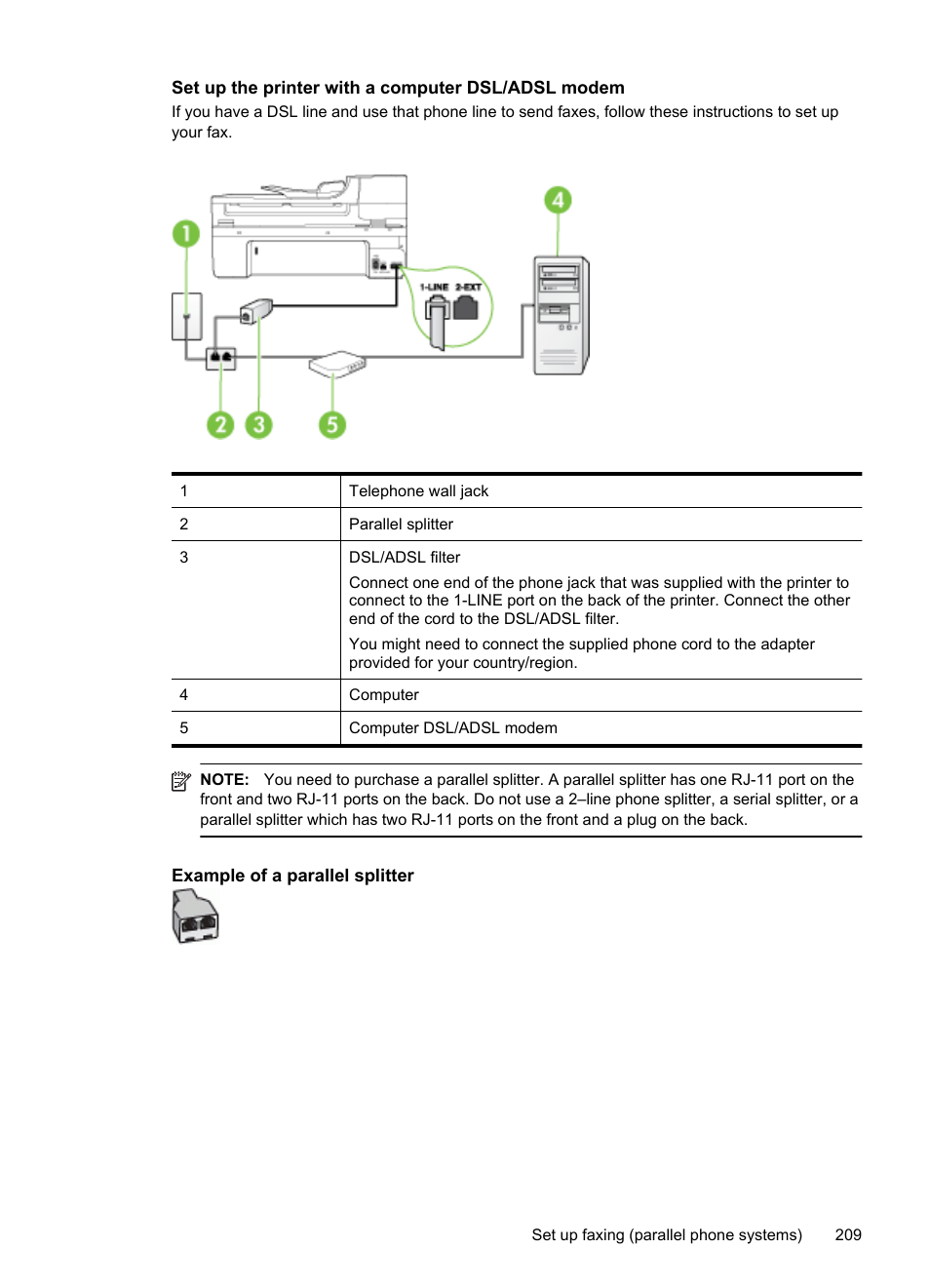 Set up the printer with a computer dsl/adsl modem | HP Officejet 6500A Plus User Manual | Page 213 / 250