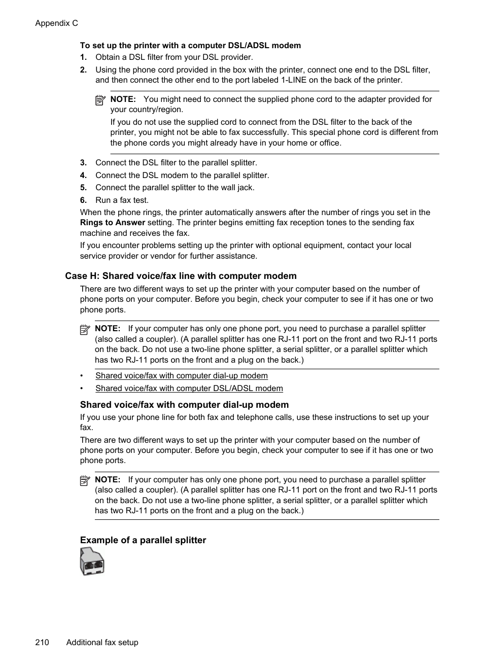 Case h: shared voice/fax line with computer modem, Shared voice/fax with computer dial-up modem | HP Officejet 6500A Plus User Manual | Page 214 / 250