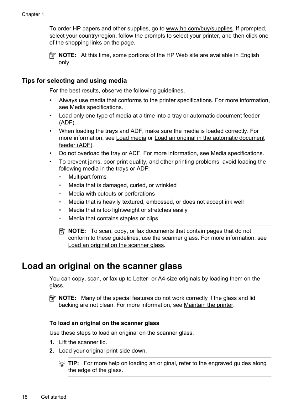 Tips for selecting and using media, Load an original on the scanner glass | HP Officejet 6500A Plus User Manual | Page 22 / 250