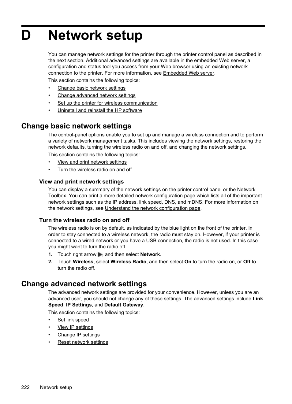 Network setup, Change basic network settings, View and print network settings | Turn the wireless radio on and off, Change advanced network settings, D network setup, Dnetwork setup | HP Officejet 6500A Plus User Manual | Page 226 / 250
