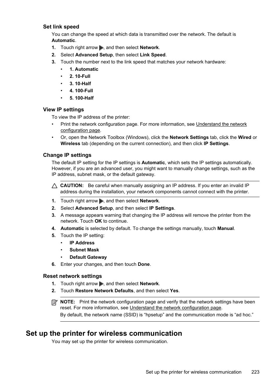 Set link speed, View ip settings, Change ip settings | Reset network settings, Set up the printer for wireless communication | HP Officejet 6500A Plus User Manual | Page 227 / 250