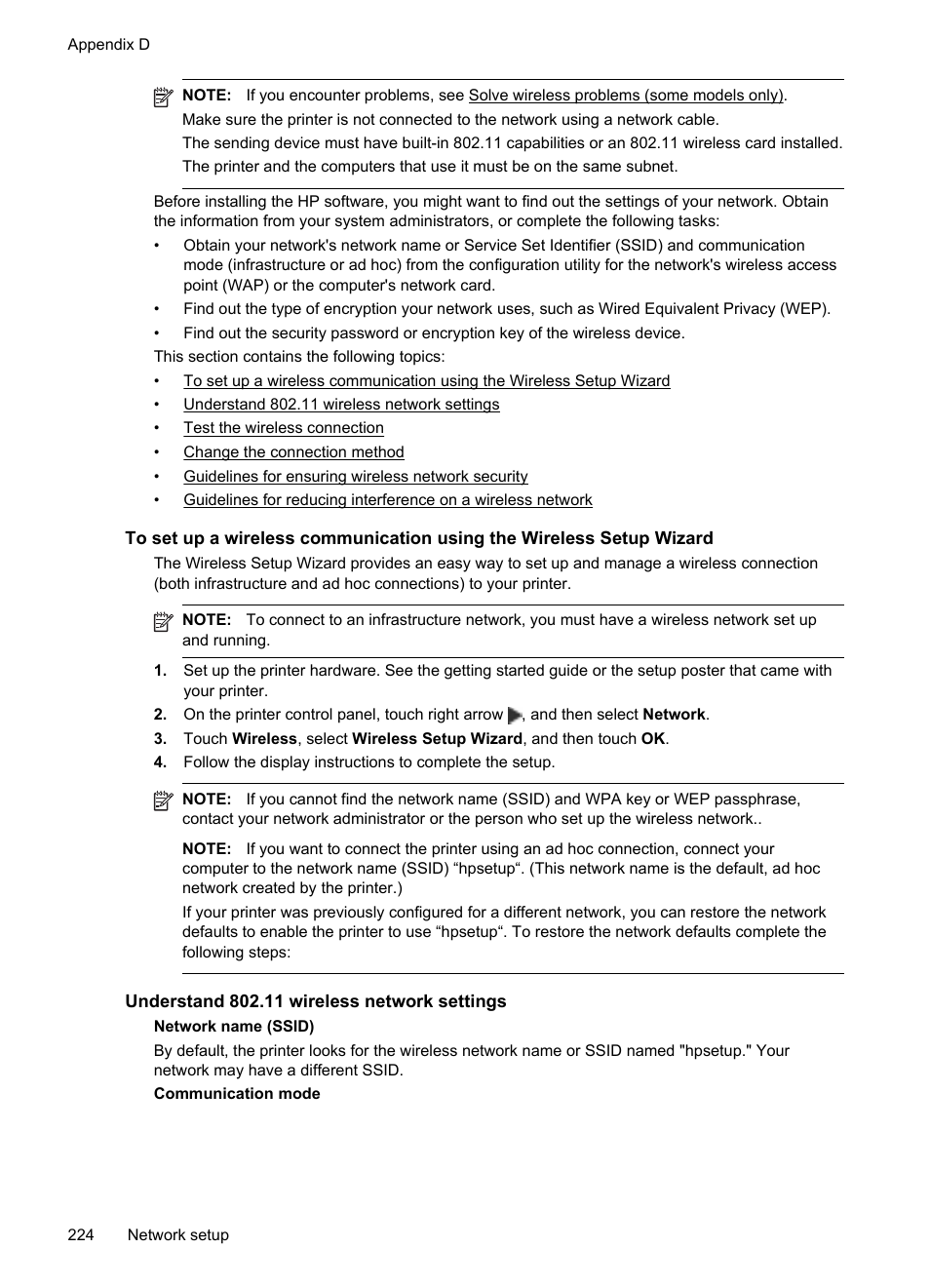 Understand 802.11 wireless network settings | HP Officejet 6500A Plus User Manual | Page 228 / 250