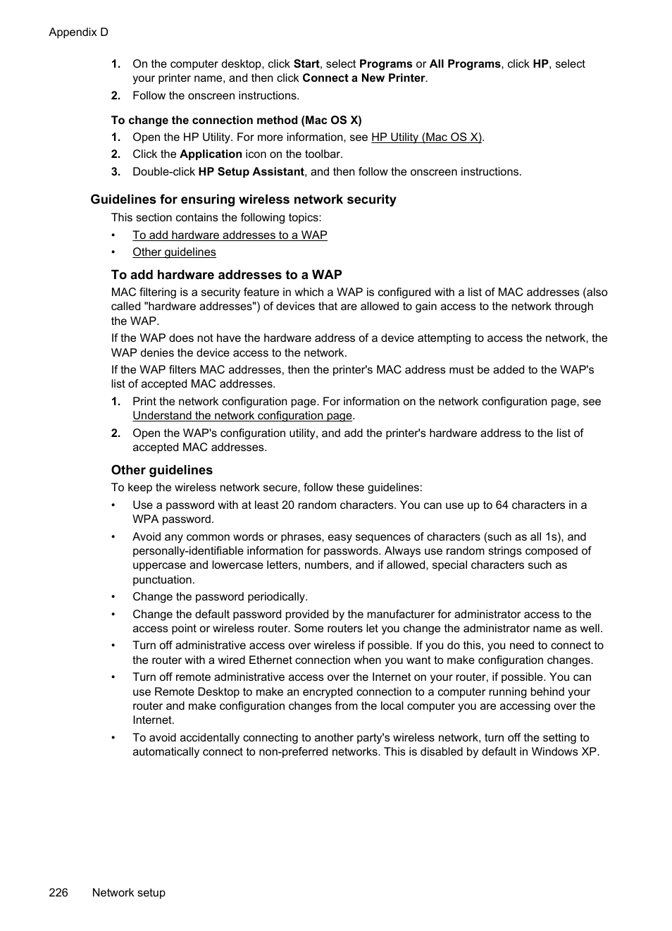 Guidelines for ensuring wireless network security, To add hardware addresses to a wap, Other guidelines | HP Officejet 6500A Plus User Manual | Page 230 / 250