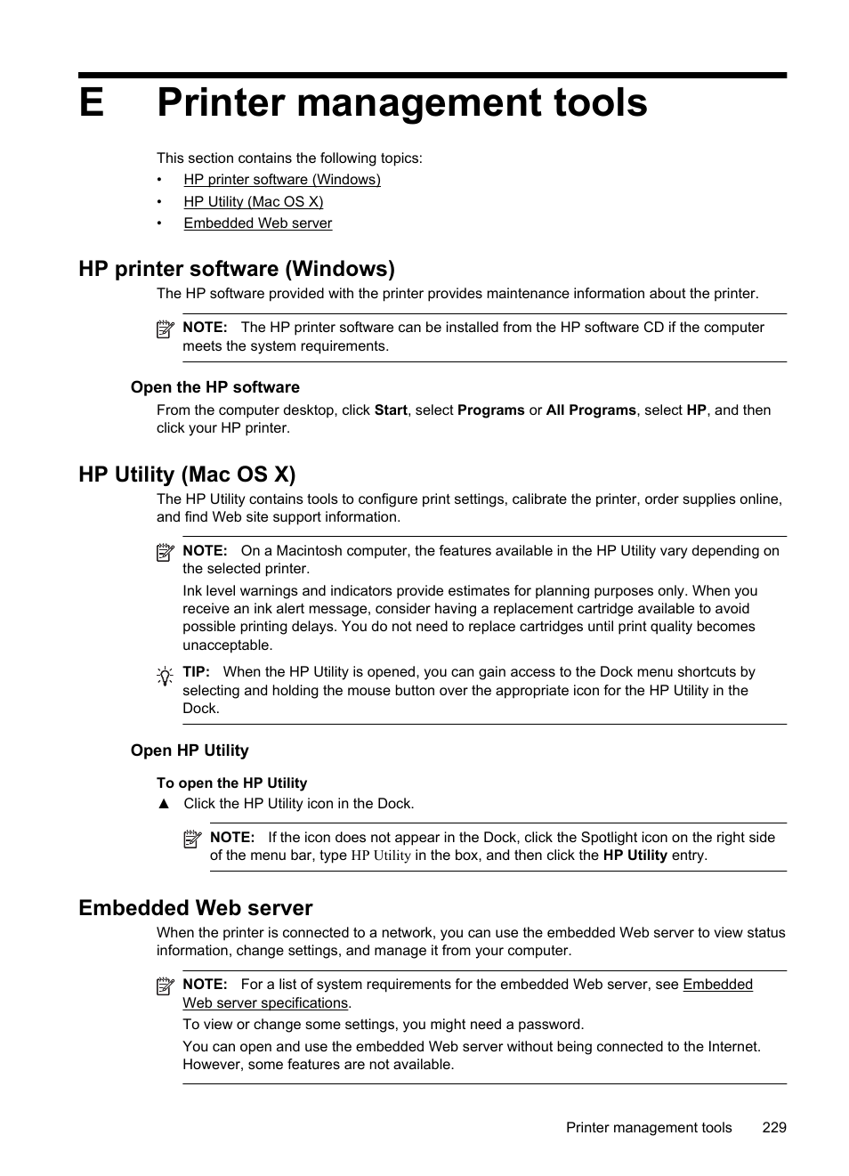 Printer management tools, Hp printer software (windows), Hp utility (mac os x) | Embedded web server, E printer management tools, About cookies to open the embedded web server, See printer management tools, Embedded web, Server, Hp printer software | HP Officejet 6500A Plus User Manual | Page 233 / 250