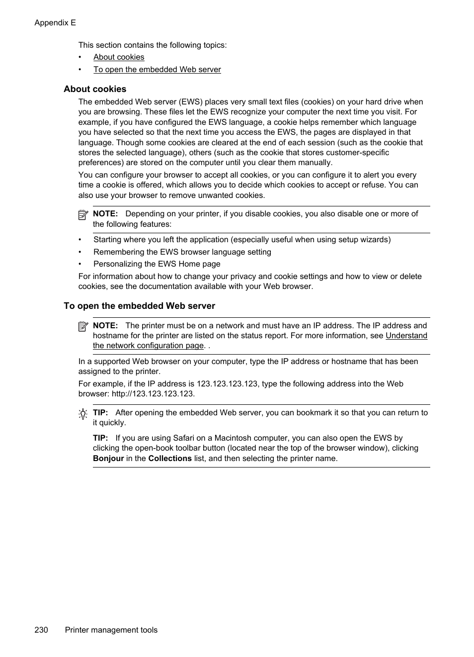 About cookies, To open the embedded web server | HP Officejet 6500A Plus User Manual | Page 234 / 250