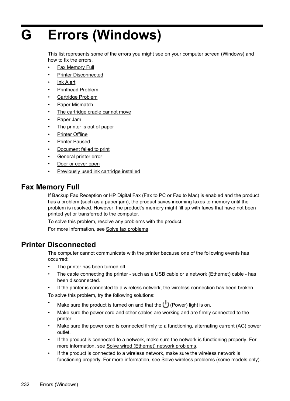 Gerrors (windows), Printer disconnected | HP Officejet 6500A Plus User Manual | Page 236 / 250