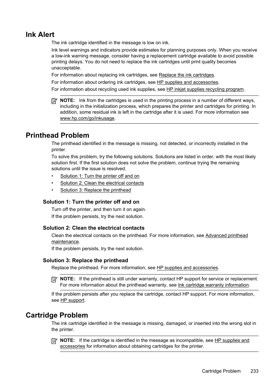 Ink alert, Printhead problem, Cartridge problem | HP Officejet 6500A Plus User Manual | Page 237 / 250