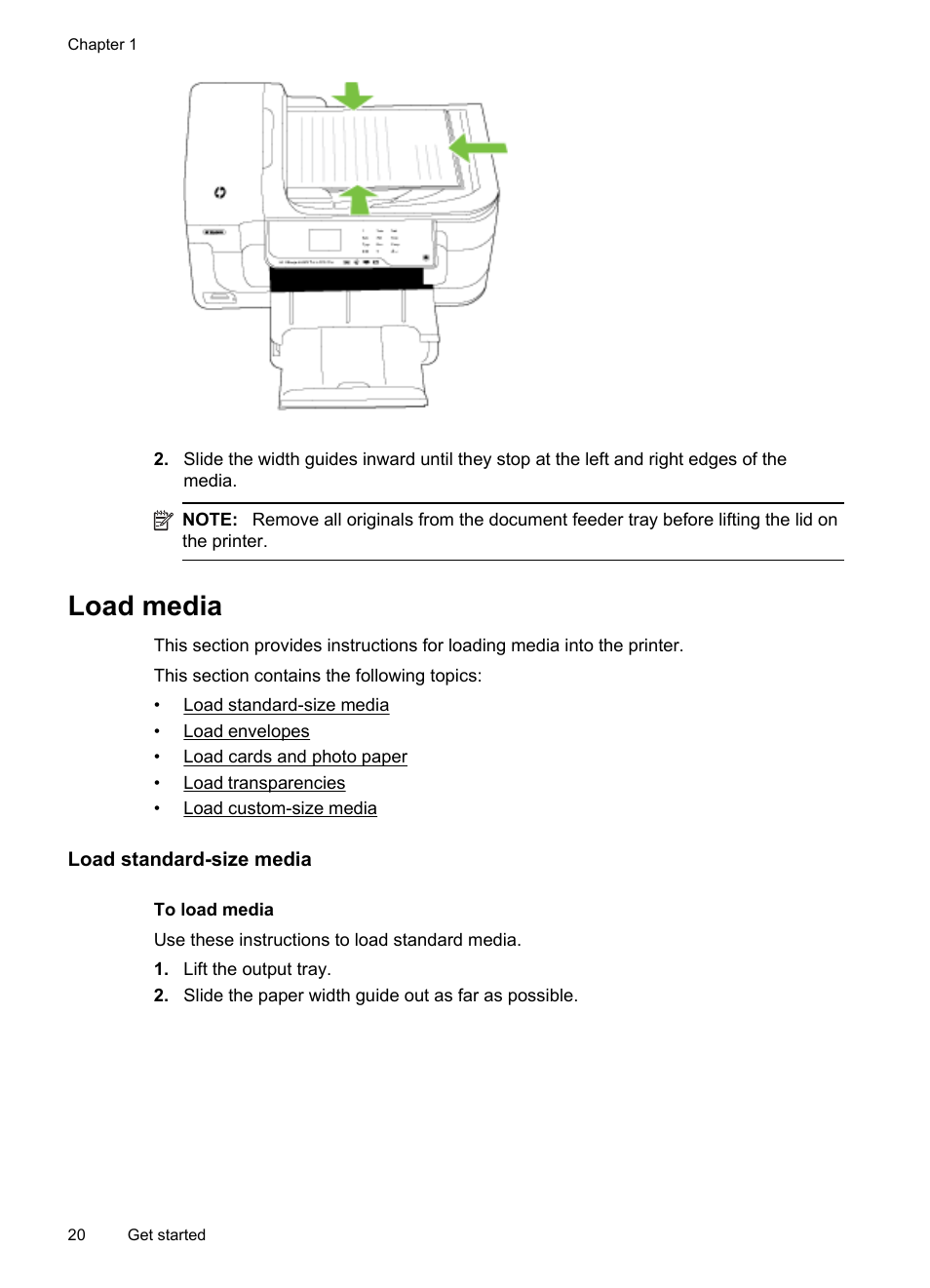 Load media, Load standard-size media | HP Officejet 6500A Plus User Manual | Page 24 / 250