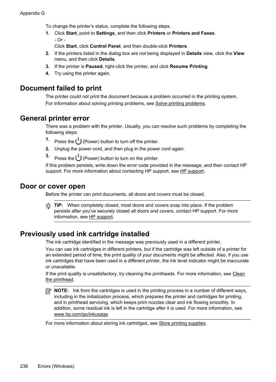 Document failed to print, General printer error, Door or cover open | Previously used ink cartridge installed | HP Officejet 6500A Plus User Manual | Page 240 / 250