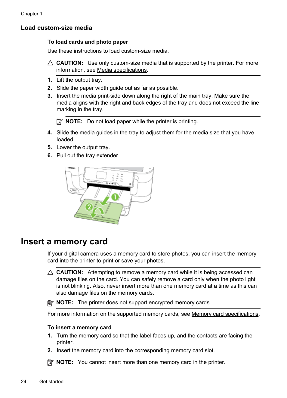 Load custom-size media, Insert a memory card | HP Officejet 6500A Plus User Manual | Page 28 / 250