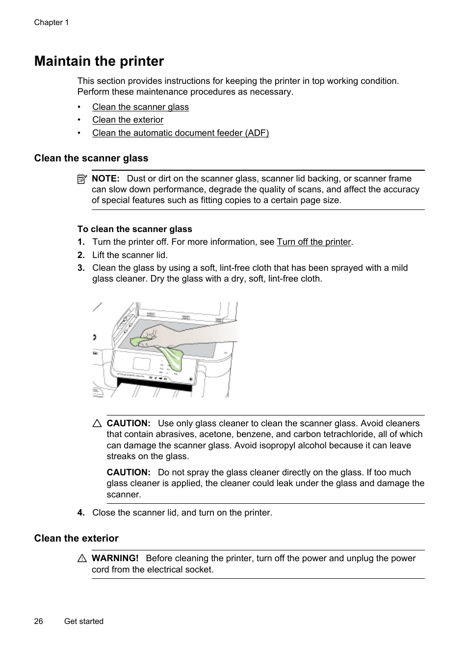 Maintain the printer, Clean the scanner glass, Clean the exterior | HP Officejet 6500A Plus User Manual | Page 30 / 250