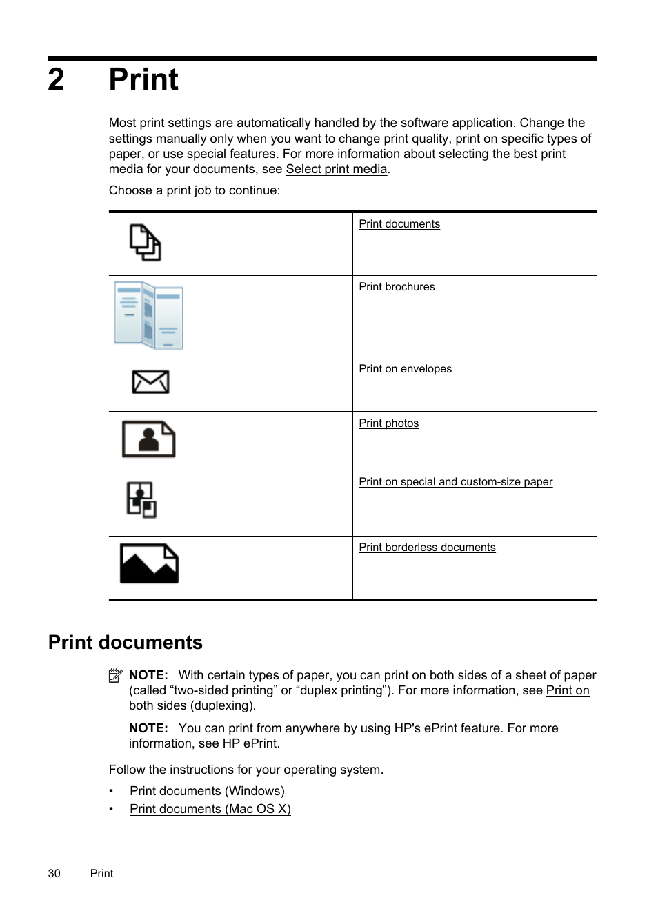 Print, Print documents, 2 print | 2print | HP Officejet 6500A Plus User Manual | Page 34 / 250