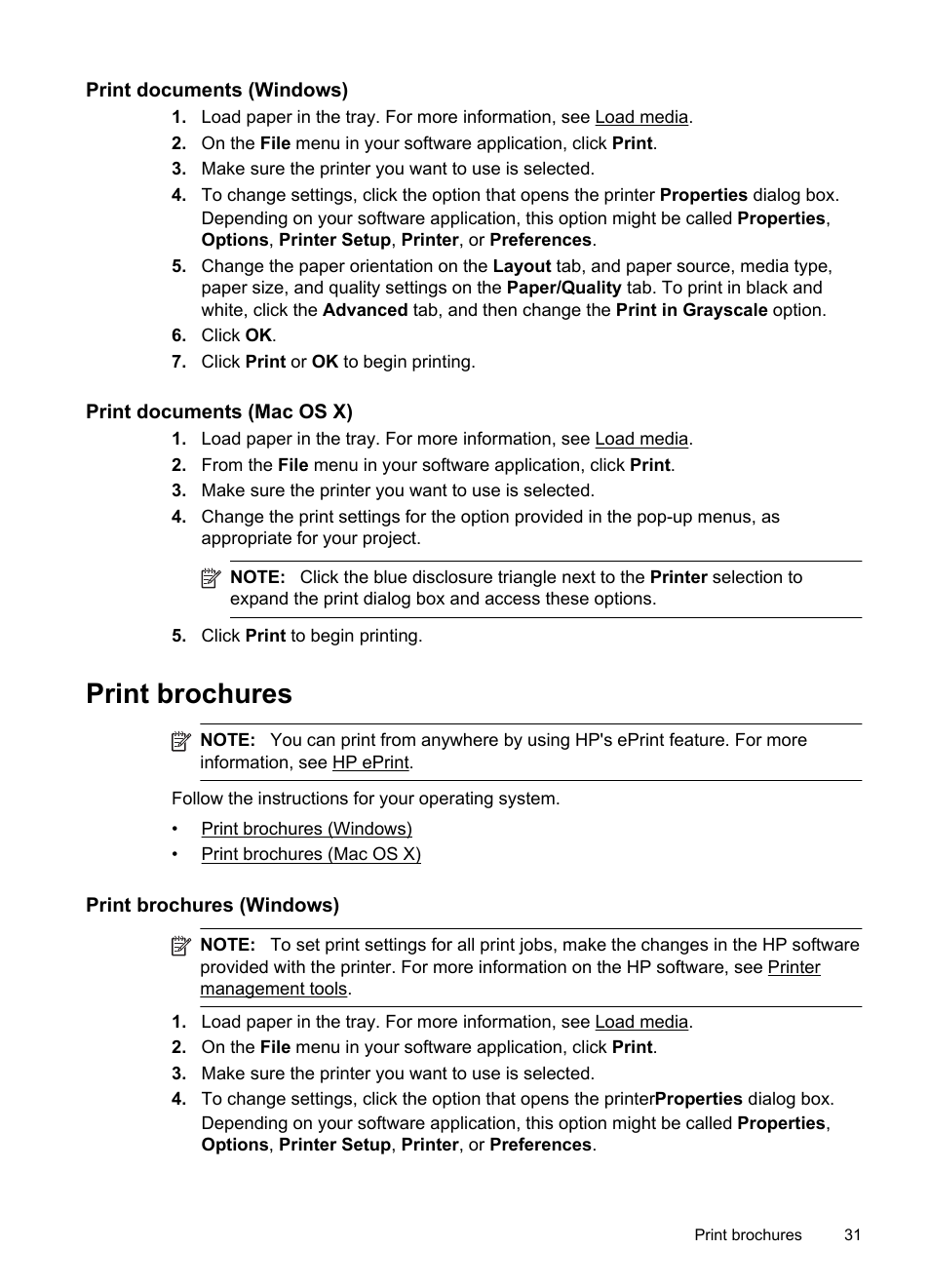 Print documents (windows), Print documents (mac os x), Print brochures | Print brochures (windows) | HP Officejet 6500A Plus User Manual | Page 35 / 250