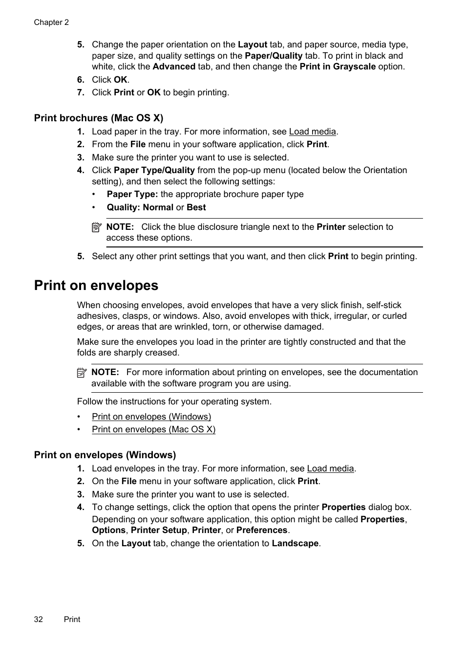 Print brochures (mac os x), Print on envelopes, Print on envelopes (windows) | HP Officejet 6500A Plus User Manual | Page 36 / 250