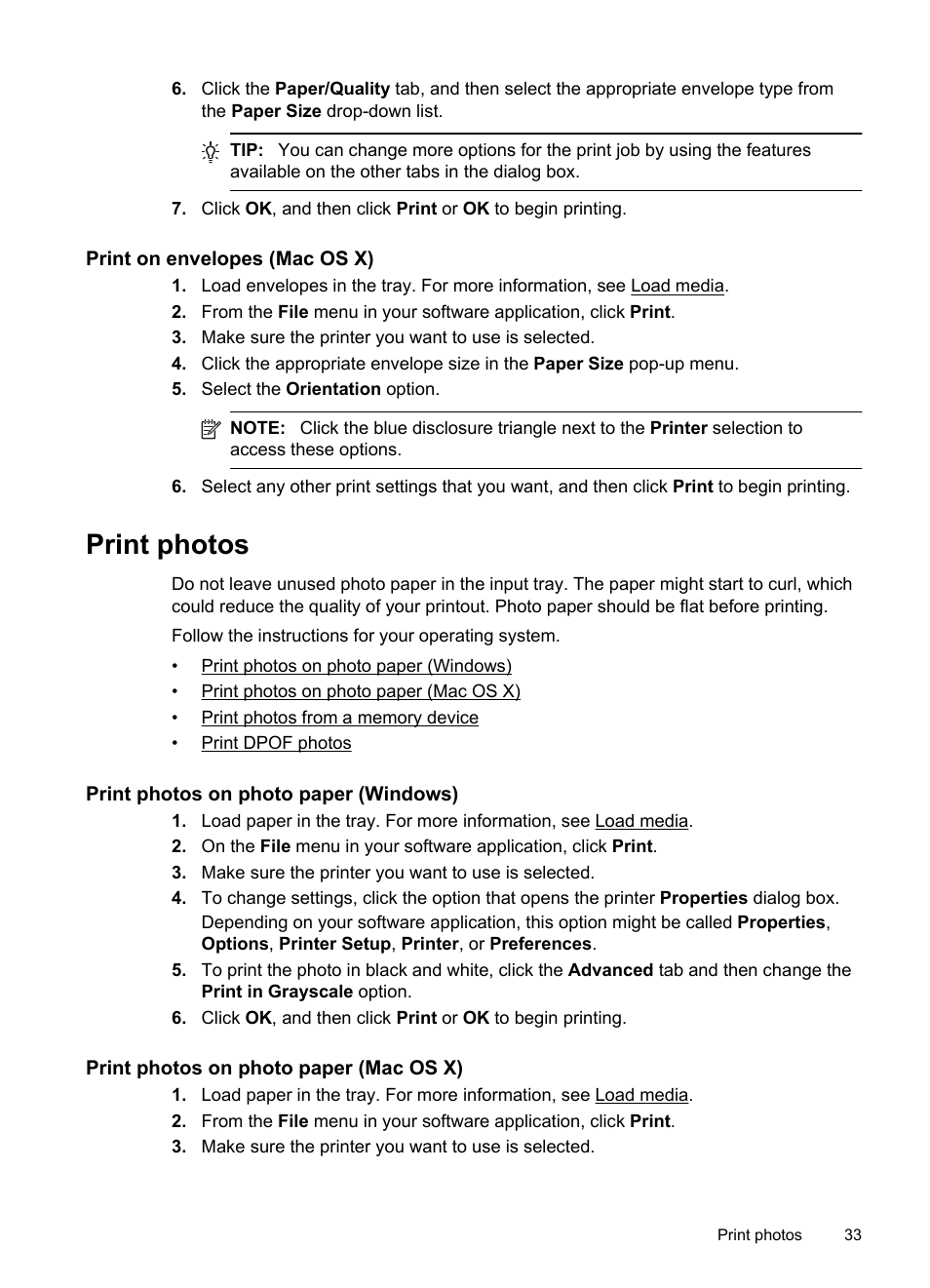 Print on envelopes (mac os x), Print photos, Print photos on photo paper (windows) | Print photos on photo paper (mac os x) | HP Officejet 6500A Plus User Manual | Page 37 / 250