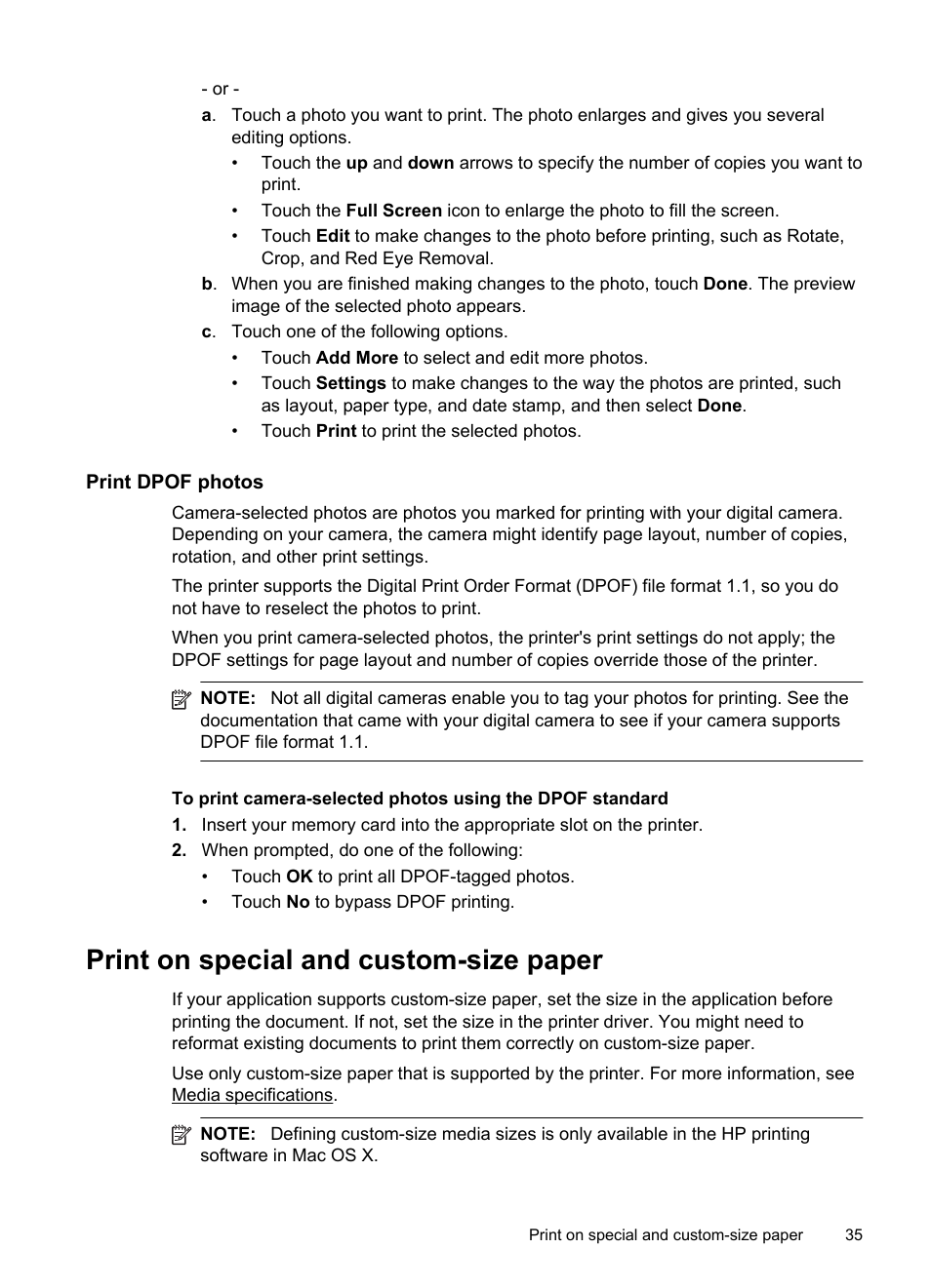 Print dpof photos, Print on special and custom-size paper | HP Officejet 6500A Plus User Manual | Page 39 / 250