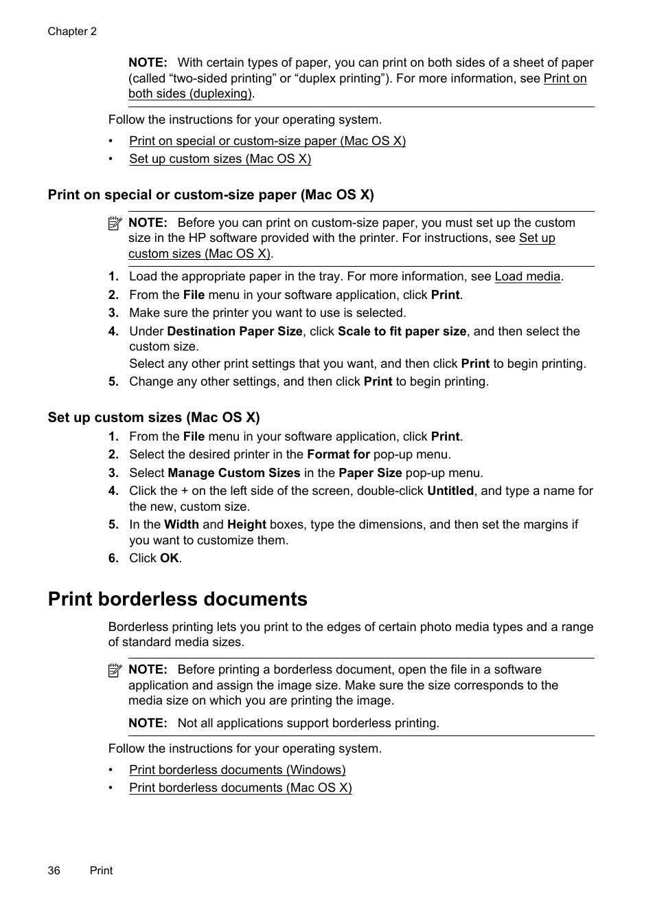 Print on special or custom-size paper (mac os x), Set up custom sizes (mac os x), Print borderless documents | HP Officejet 6500A Plus User Manual | Page 40 / 250