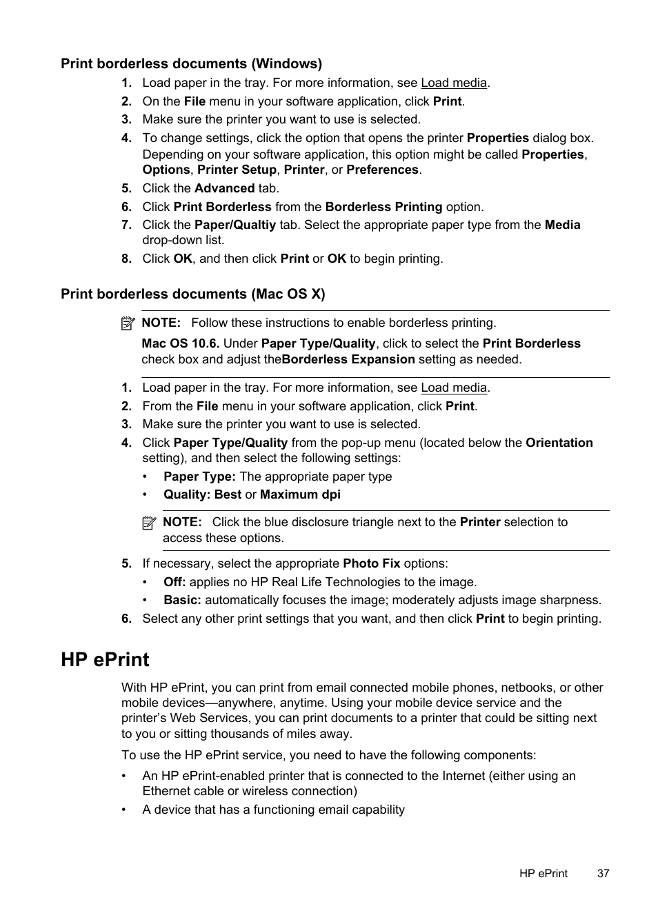 Print borderless documents (windows), Print borderless documents (mac os x), Hp eprint | HP Officejet 6500A Plus User Manual | Page 41 / 250