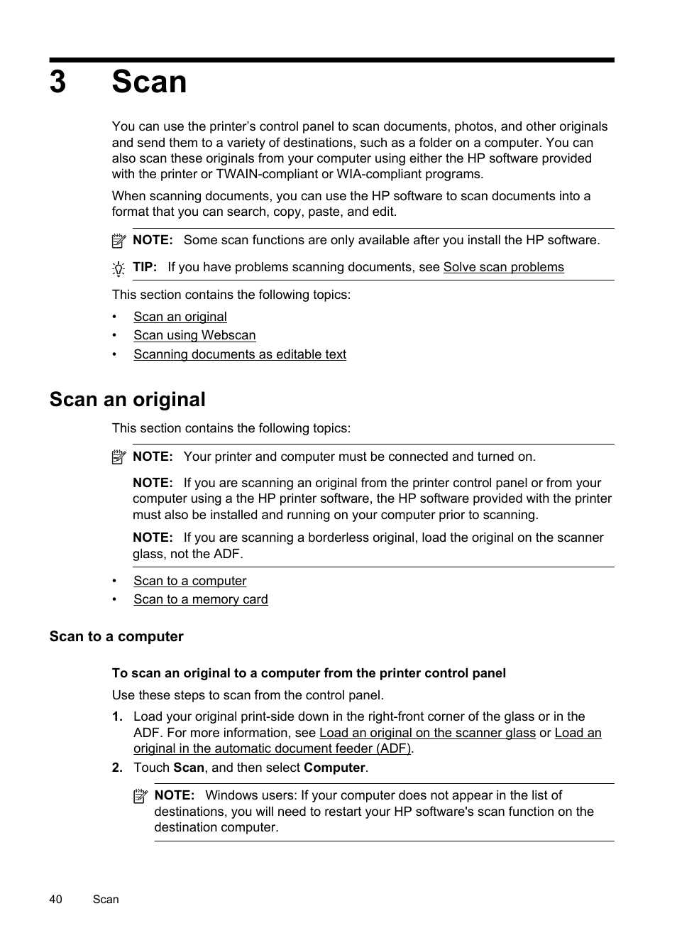 Scan, Scan an original, Scan to a computer | 3 scan, Scan to a computer scan to a memory card, 3scan | HP Officejet 6500A Plus User Manual | Page 44 / 250