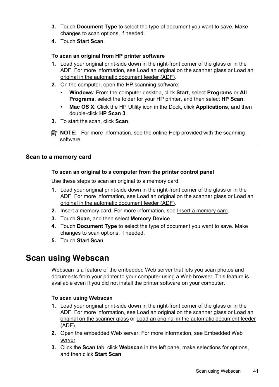 Scan to a memory card, Scan using webscan | HP Officejet 6500A Plus User Manual | Page 45 / 250