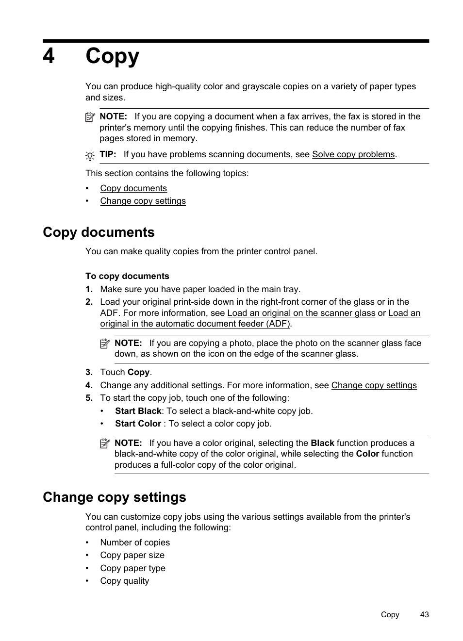 Copy, Copy documents, Change copy settings | 4 copy, Copy documents change copy settings, 4copy | HP Officejet 6500A Plus User Manual | Page 47 / 250