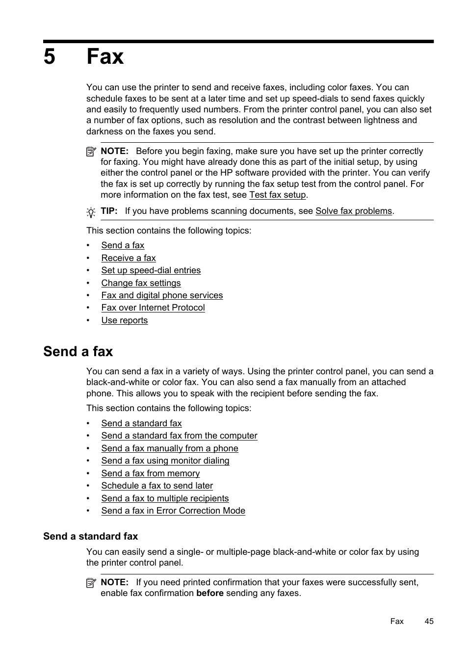 Send a fax, Send a standard fax, 5 fax | 5fax | HP Officejet 6500A Plus User Manual | Page 49 / 250
