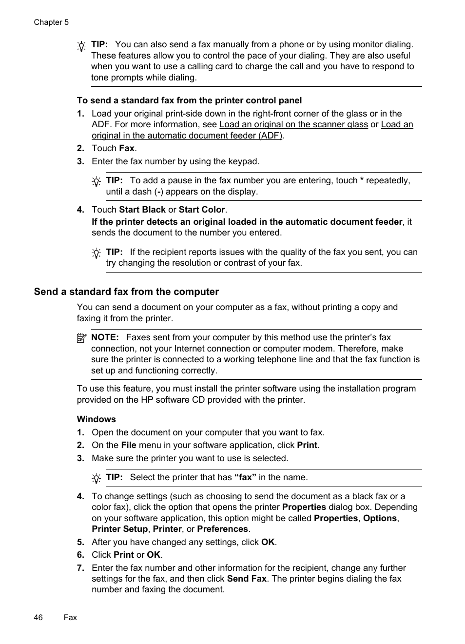 Send a standard fax from the computer | HP Officejet 6500A Plus User Manual | Page 50 / 250