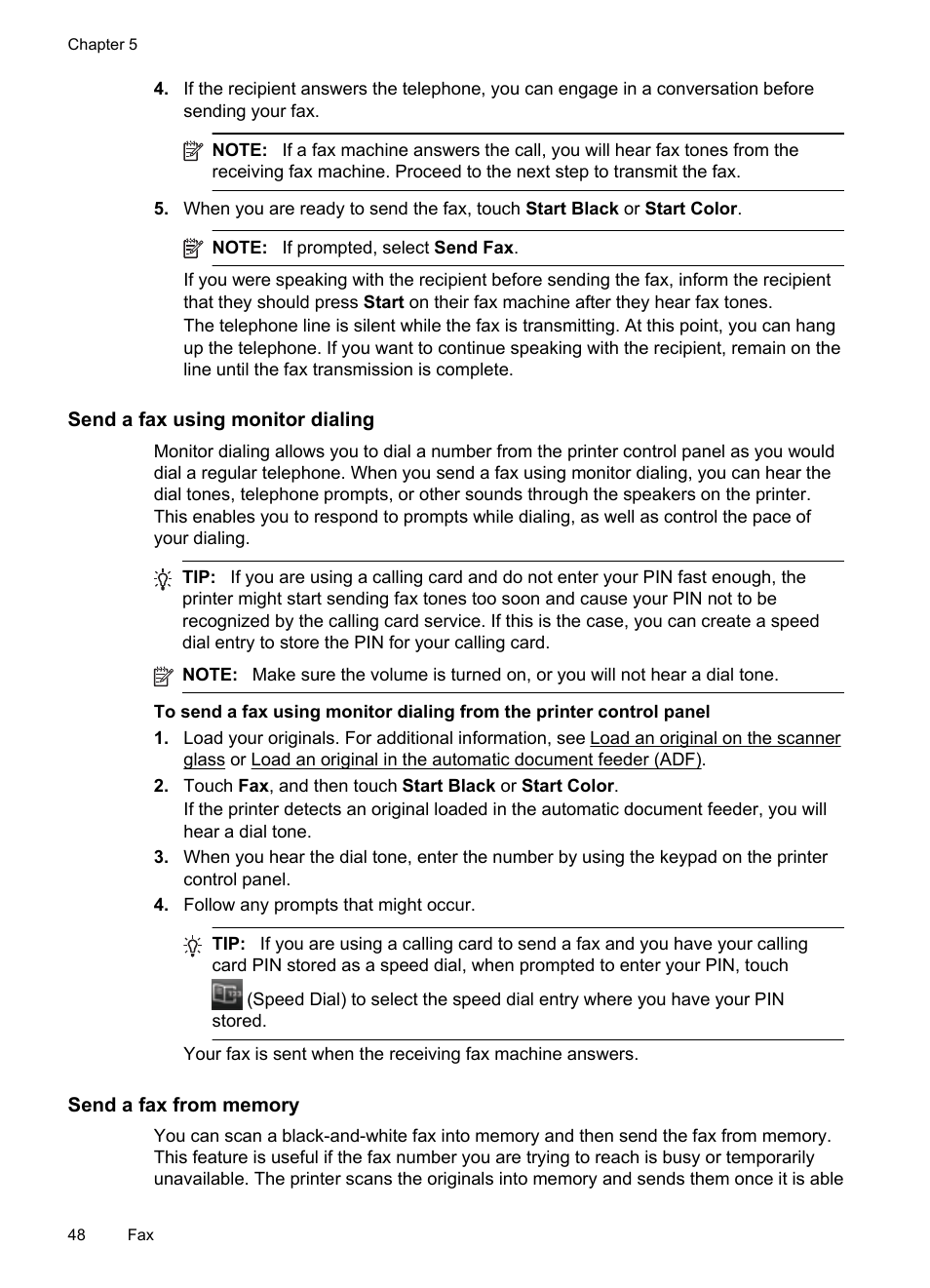 Send a fax using monitor dialing, Send a fax from memory | HP Officejet 6500A Plus User Manual | Page 52 / 250