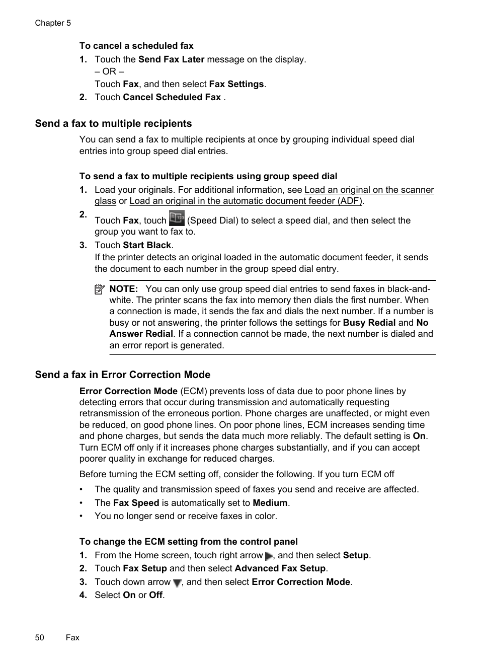 Send a fax to multiple recipients, Send a fax in error correction mode | HP Officejet 6500A Plus User Manual | Page 54 / 250