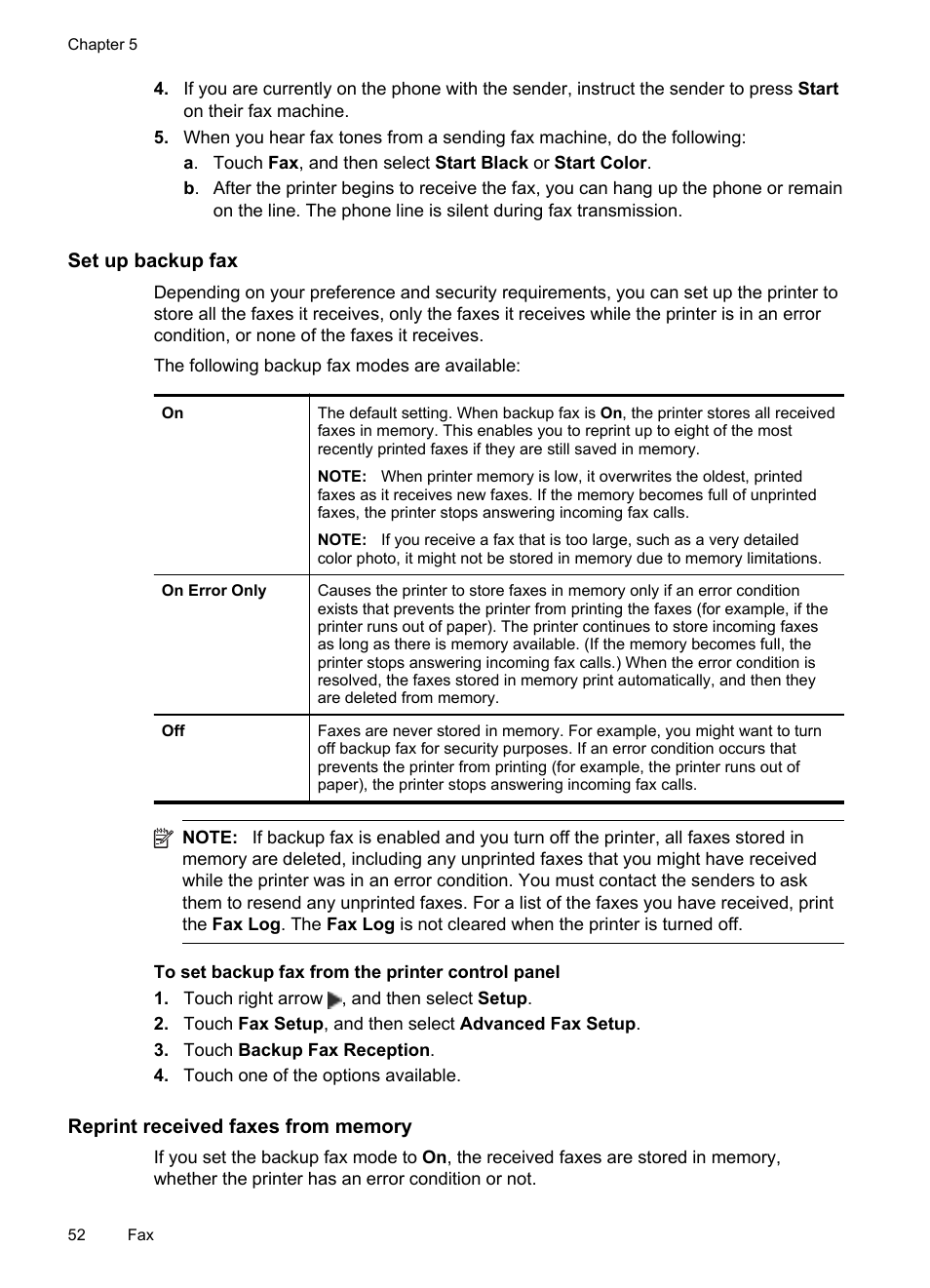 Set up backup fax, Reprint received faxes from memory | HP Officejet 6500A Plus User Manual | Page 56 / 250