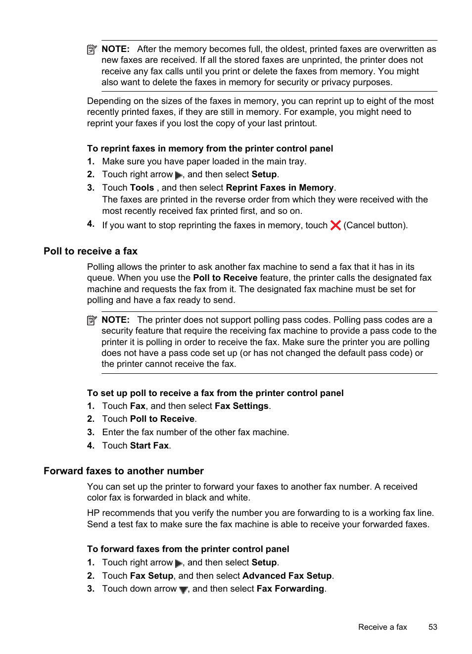 Poll to receive a fax, Forward faxes to another number | HP Officejet 6500A Plus User Manual | Page 57 / 250