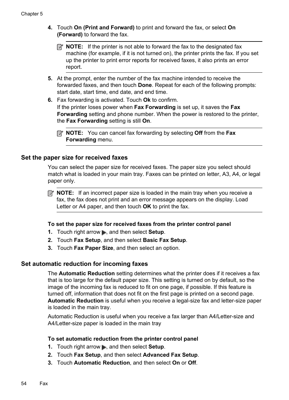 Set the paper size for received faxes, Set automatic reduction for incoming faxes | HP Officejet 6500A Plus User Manual | Page 58 / 250