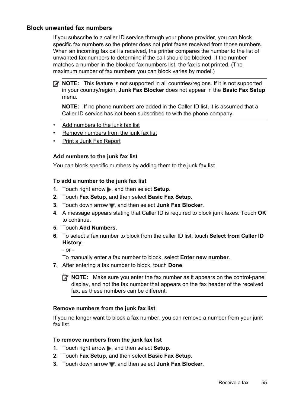 Block unwanted fax numbers, Add numbers to the junk fax list, Remove numbers from the junk fax list | HP Officejet 6500A Plus User Manual | Page 59 / 250