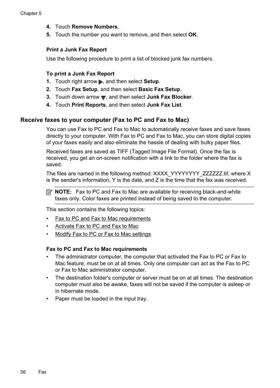 Print a junk fax report, Fax to pc and fax to mac requirements | HP Officejet 6500A Plus User Manual | Page 60 / 250