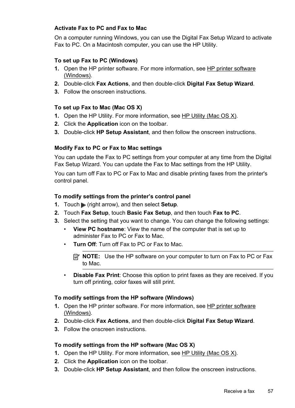 Activate fax to pc and fax to mac, Modify fax to pc or fax to mac settings | HP Officejet 6500A Plus User Manual | Page 61 / 250