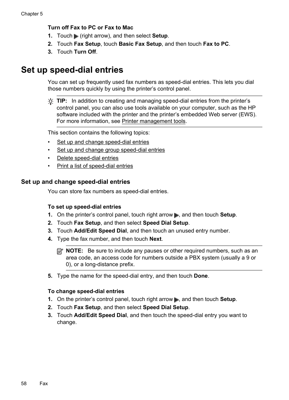 Set up speed-dial entries, Set up and change speed-dial entries | HP Officejet 6500A Plus User Manual | Page 62 / 250