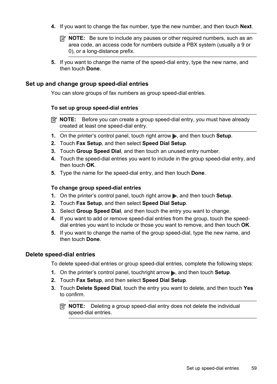 Set up and change group speed-dial entries, Delete speed-dial entries | HP Officejet 6500A Plus User Manual | Page 63 / 250