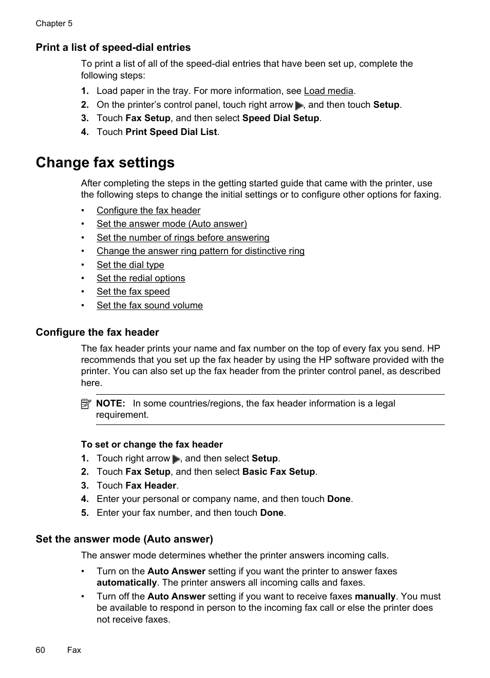 Print a list of speed-dial entries, Change fax settings, Configure the fax header | Set the answer mode (auto answer) | HP Officejet 6500A Plus User Manual | Page 64 / 250