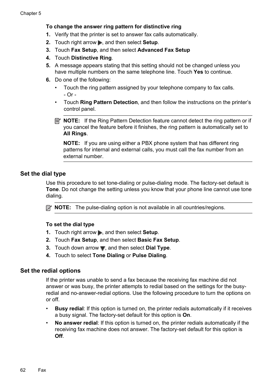 Set the dial type, Set the redial options | HP Officejet 6500A Plus User Manual | Page 66 / 250