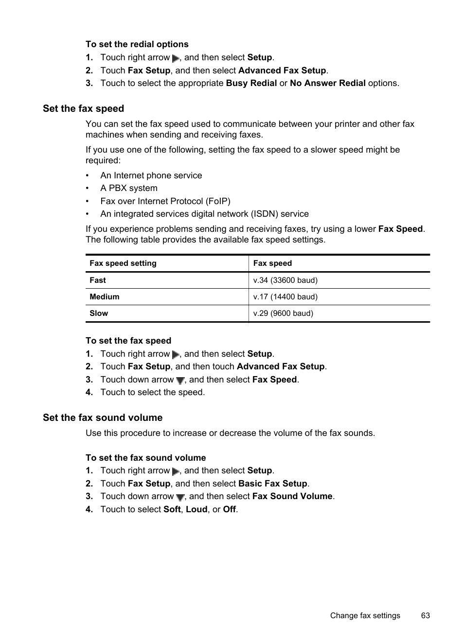 Set the fax speed, Set the fax sound volume | HP Officejet 6500A Plus User Manual | Page 67 / 250