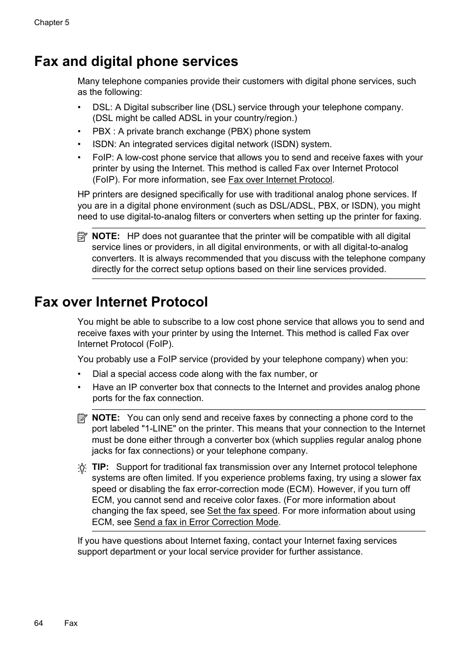 Fax and digital phone services, Fax over internet protocol | HP Officejet 6500A Plus User Manual | Page 68 / 250